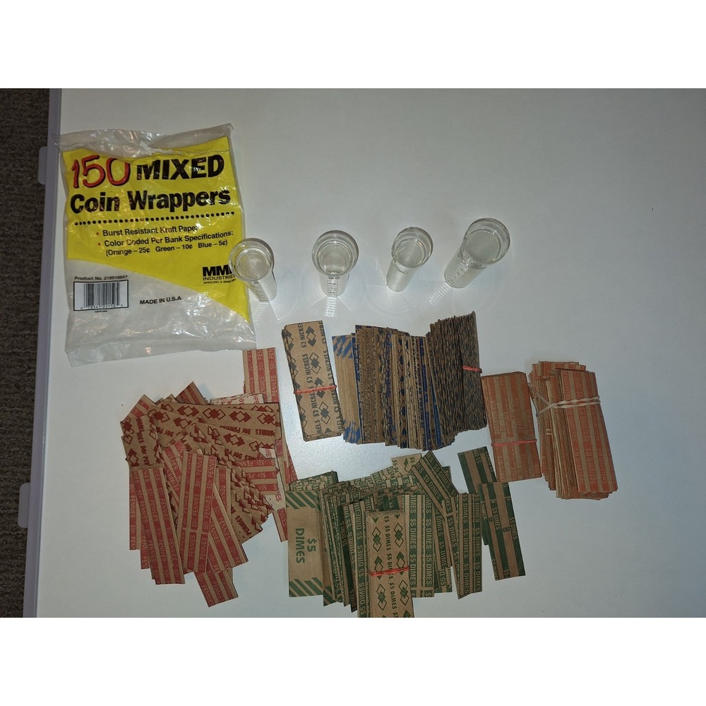 Unused Vintage  100‎ Assorted Coin Wrappers, USA,  Coin Rolls With 4 Funnels - Picture 2 of 3